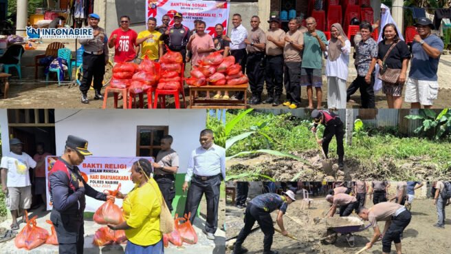 Kapolres Nabire AKBP Samuel D. Tatiratu memimpin pembagian sembako dan kerja bakti di lokasi banjir Jalan Frans Kaisiepo, Nabarua.