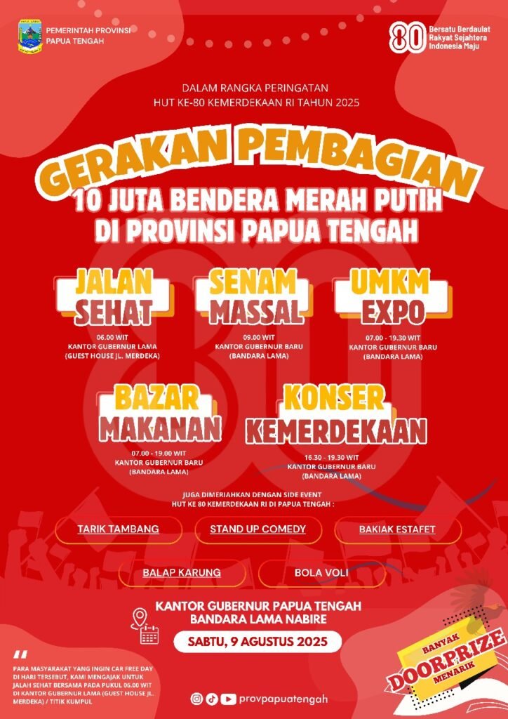 Pemprov Papua Tengah Gelar 10 Juta Bendera Merah Putih dan Hiburan Rakyat untuk Peringati HUT ke-80 RI