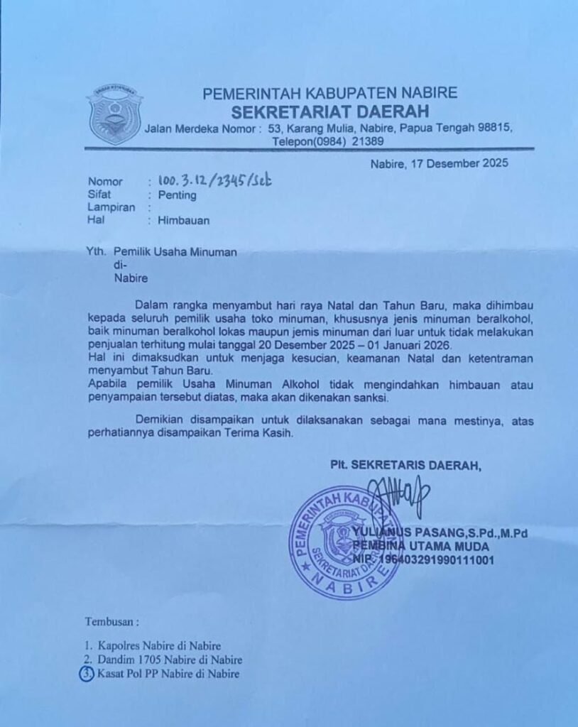 Pemkab Nabire Himbau Penghentian Penjualan Minuman Beralkohol Jelang Nataru