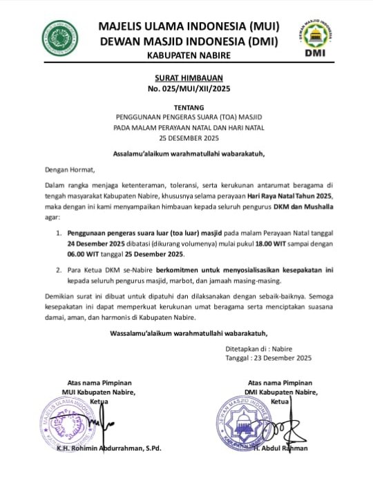 Jaga Toleransi, MUI dan DMI Nabire Imbau Penggunaan TOA Masjid saat Malam dan Hari Natal