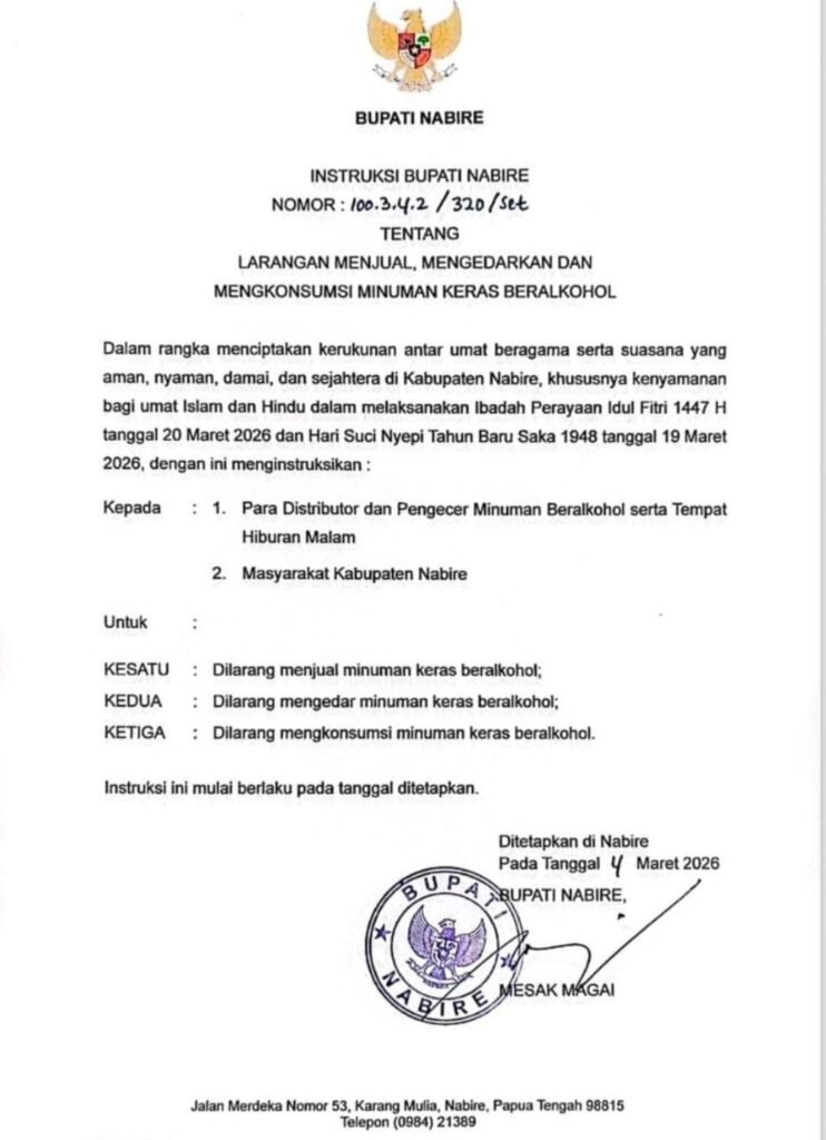 Jelang Idul Fitri dan Nyepi 2026, Bupati Nabire Larang Penjualan dan Konsumsi Miras