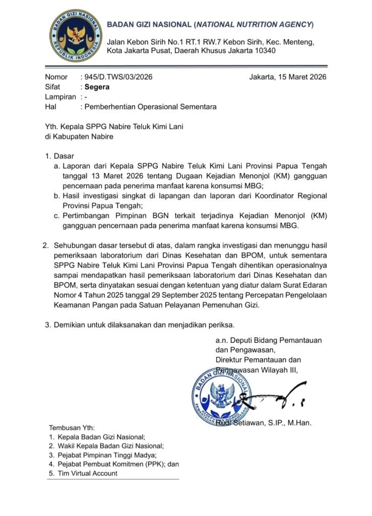 Dapur SPPG Lani Nabire Ditutup Sementara, BGN Respons Cepat Dugaan Gangguan Pencernaan MBG
