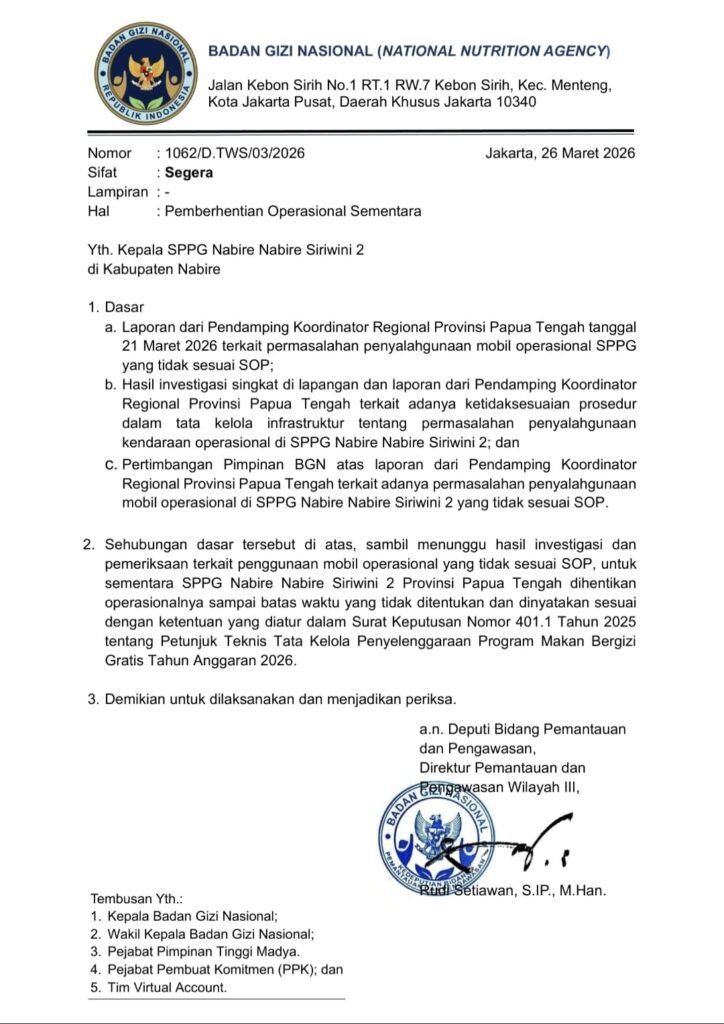 SPPG Siriwini 002 Nabire Dihentikan Sementara oleh BGN, Ada Apa?