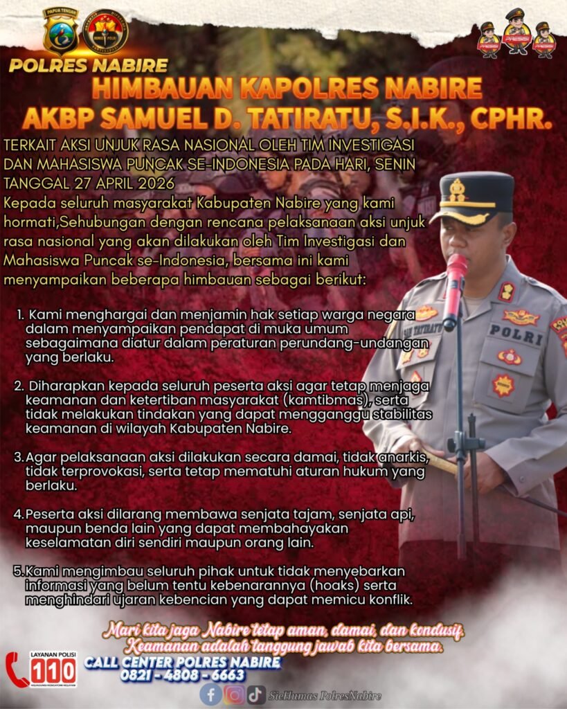 Kapolres Nabire Imbau Aksi Unjuk Rasa 27 April 2026 Berlangsung Damai dan Tertib